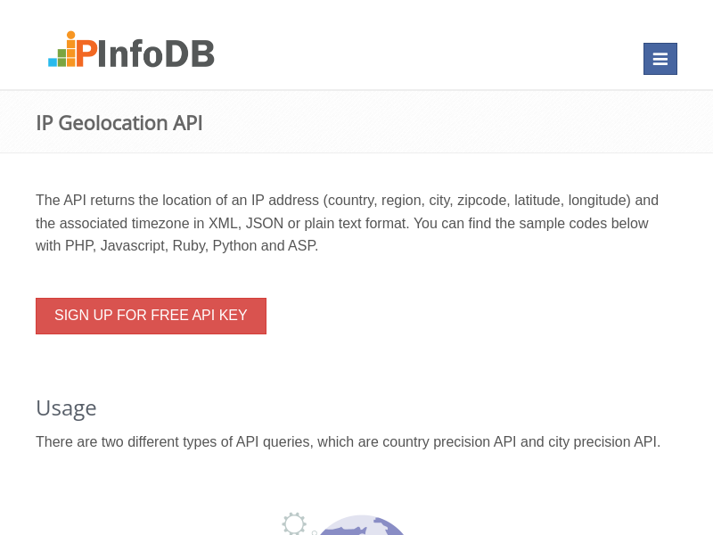 Screenshot of IPInfoDB API website