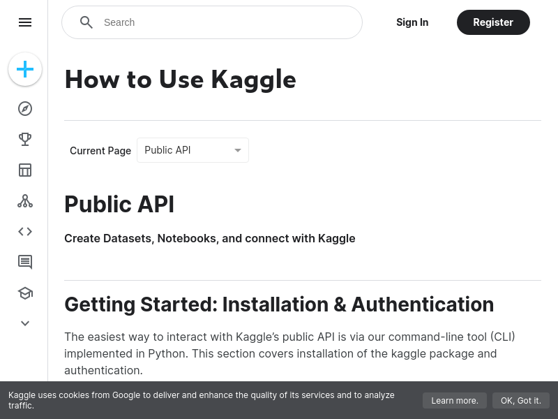 Screenshot of Kaggle API website