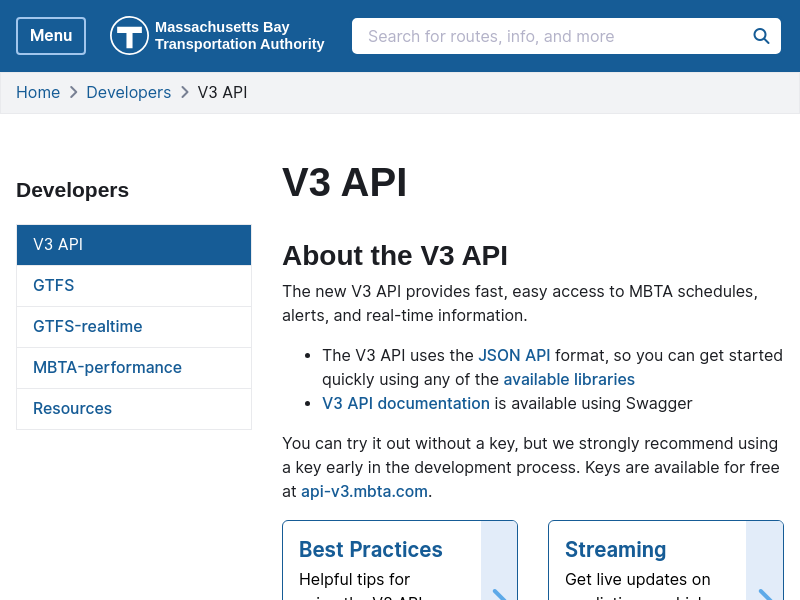 Screenshot of MBTA API website