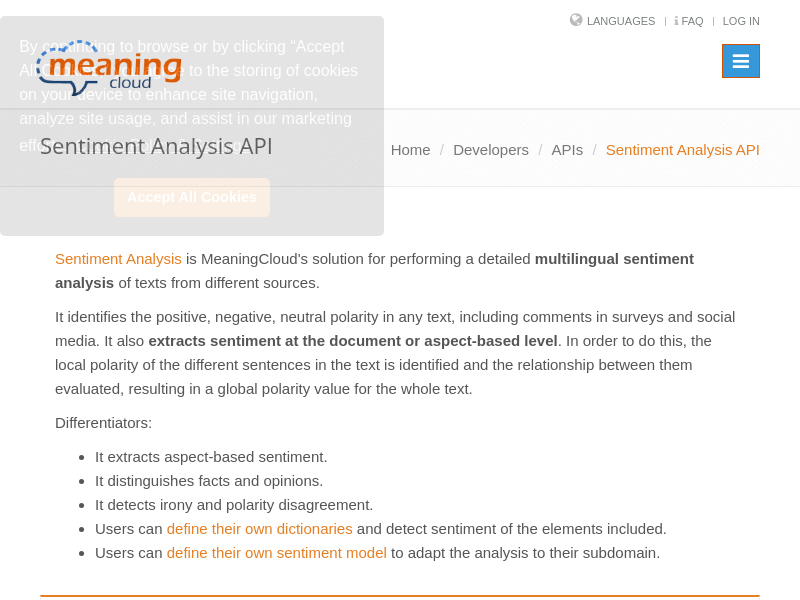 Screenshot of MeaningCloud Sentiment Analysis API website