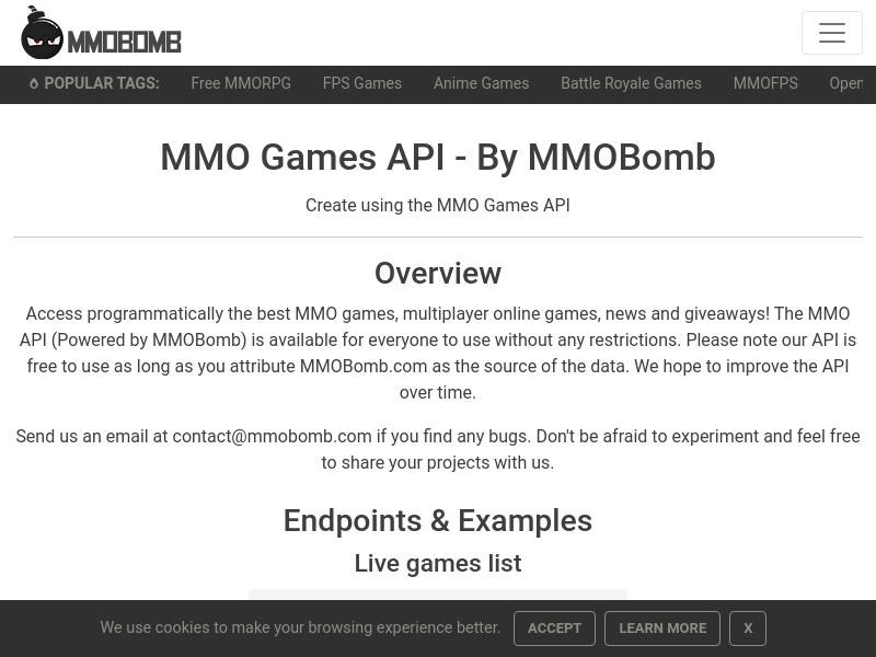 Screenshot of MMOBomb API website