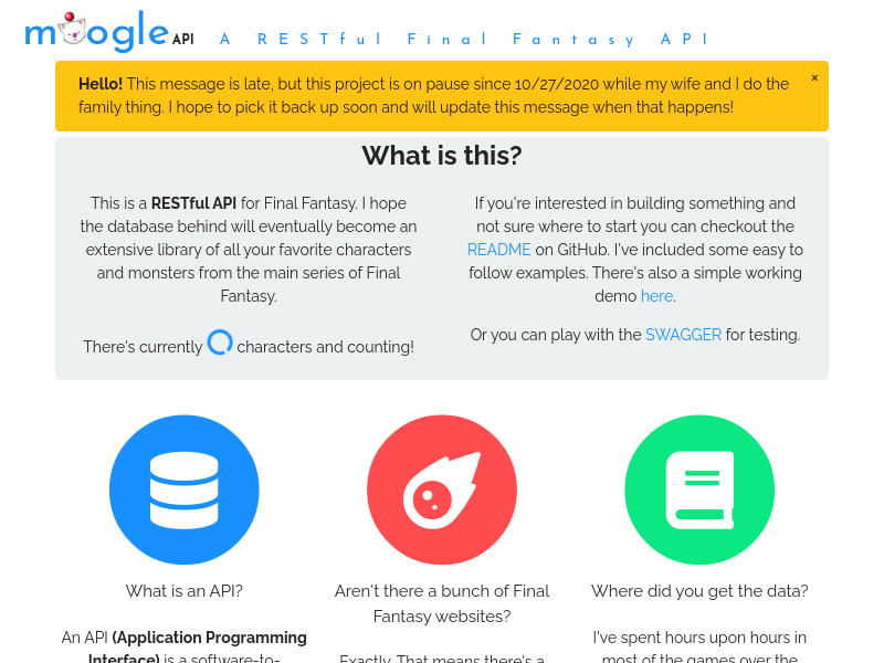 Screenshot of Moogle API website