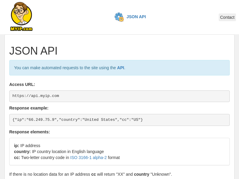 Screenshot of MyIP API website
