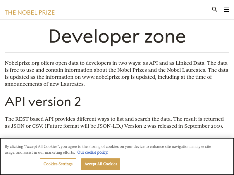 Screenshot of NobelPrize.org API website