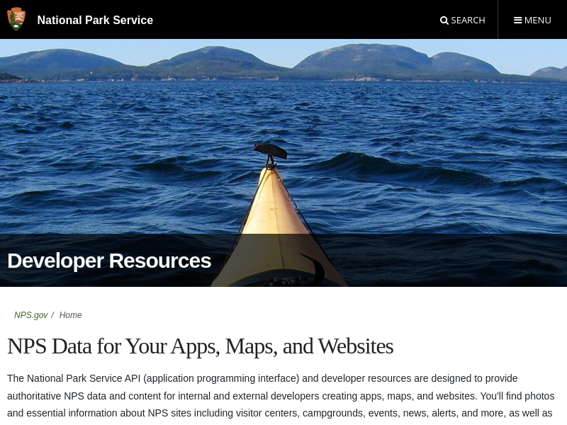 Screenshot of National Park Service API website