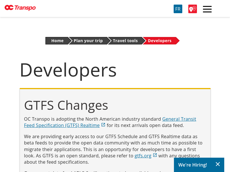 Screenshot of OC Transpo API website