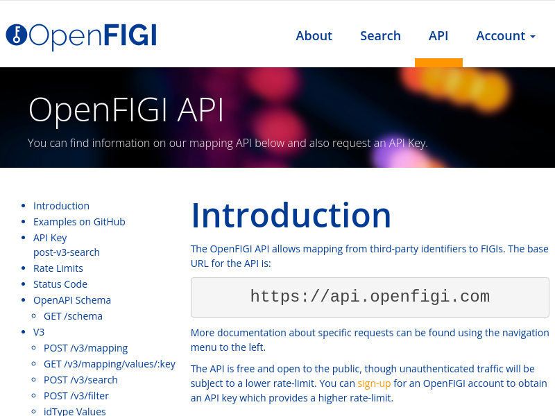 Screenshot of OpenFIGI API website