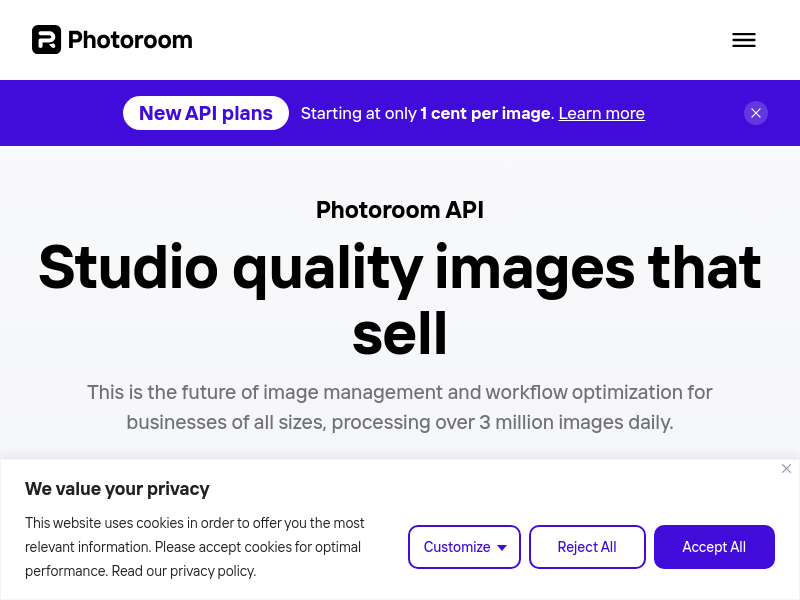Screenshot of Photoroom API website