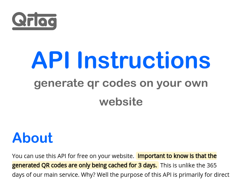 Screenshot of QRTag API website