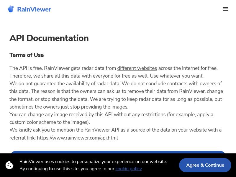 Screenshot of RainViewer API website