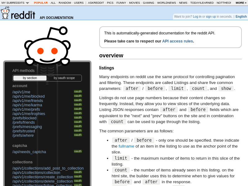 Screenshot of Reddit API website