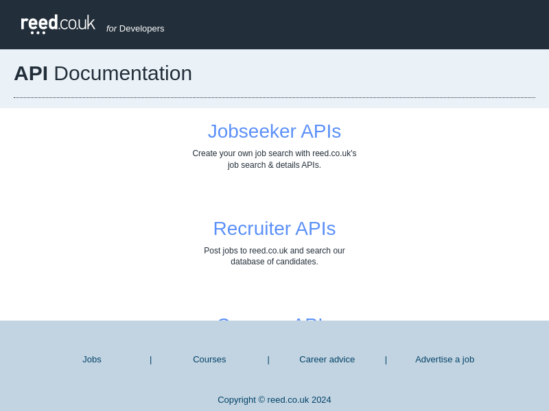 Screenshot of Reed.co.uk Developers APIs website