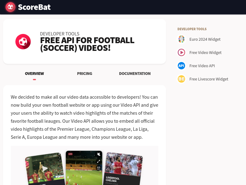 Screenshot of ScoreBat Video API website