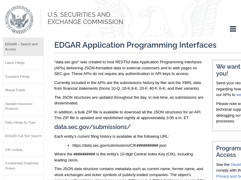 Screenshot of EDGAR API website