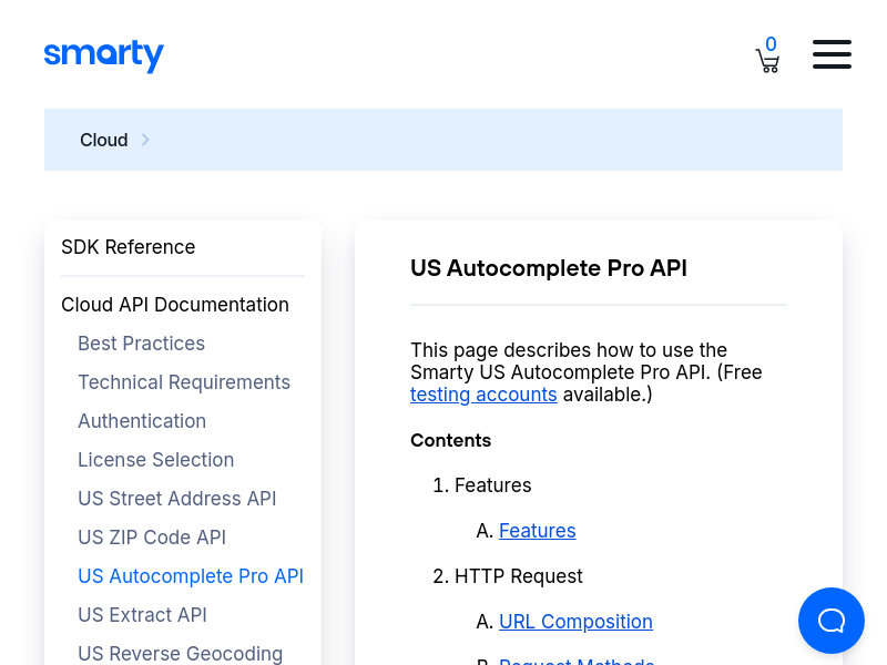 Screenshot of Smarty US Autocomplete Pro API website
