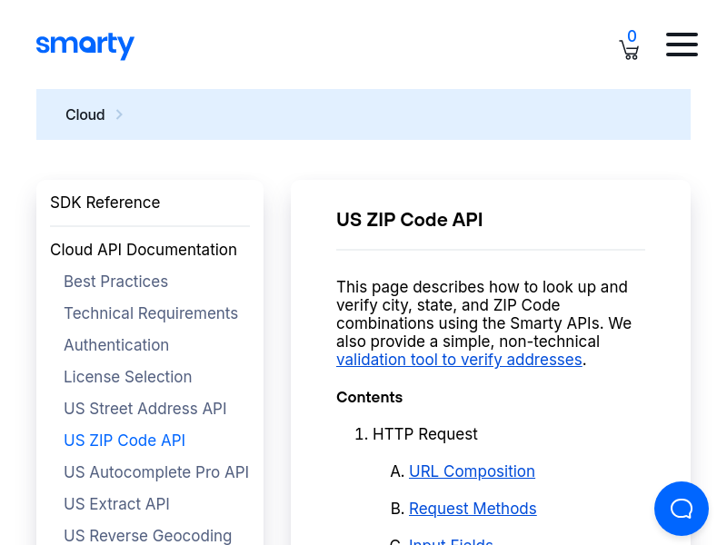 Screenshot of Smarty US Zip Code API website