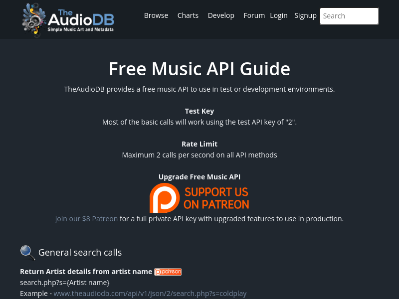 Screenshot of The AudioDB API website