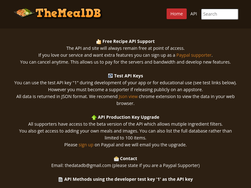 Screenshot of TheMealDB API website