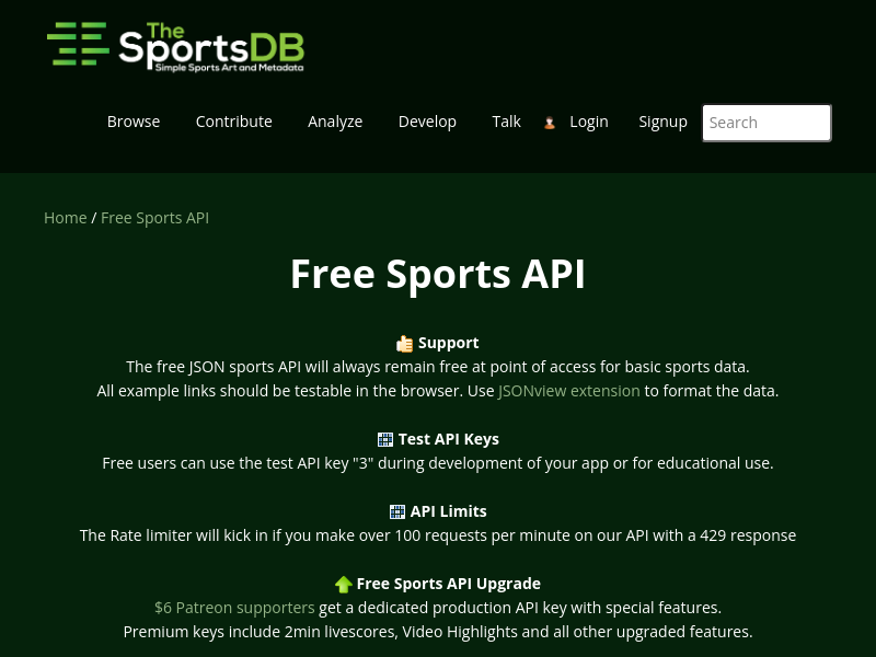 Screenshot of TheSportsDB API website