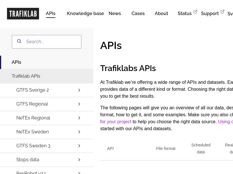 Screenshot of Trafiklab API website