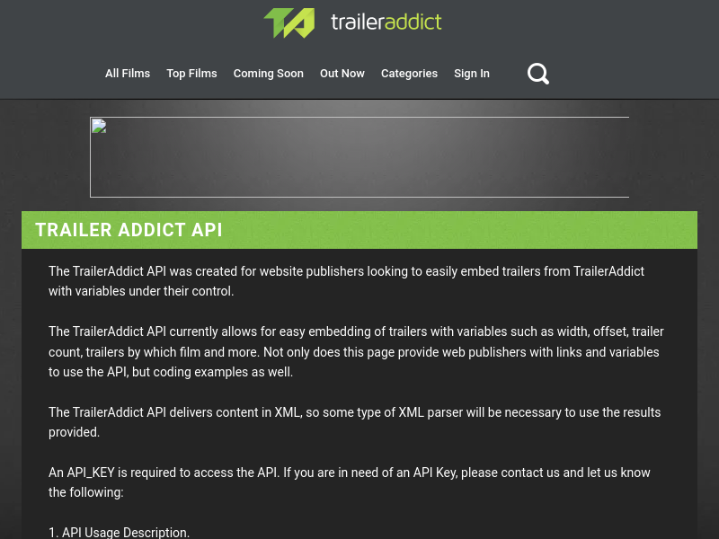 Screenshot of TrailerAddict API website
