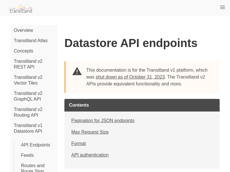 Screenshot of Transit.land Datastore API website