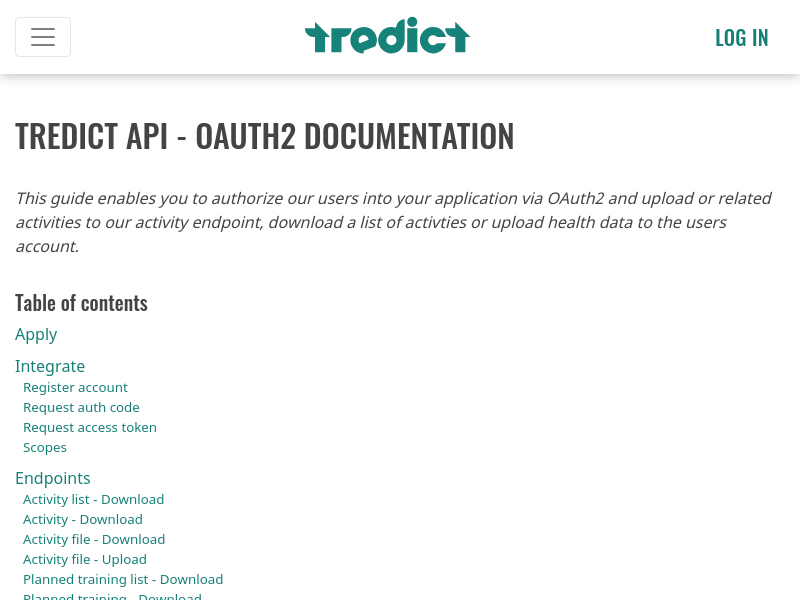 Screenshot of Tredict API website