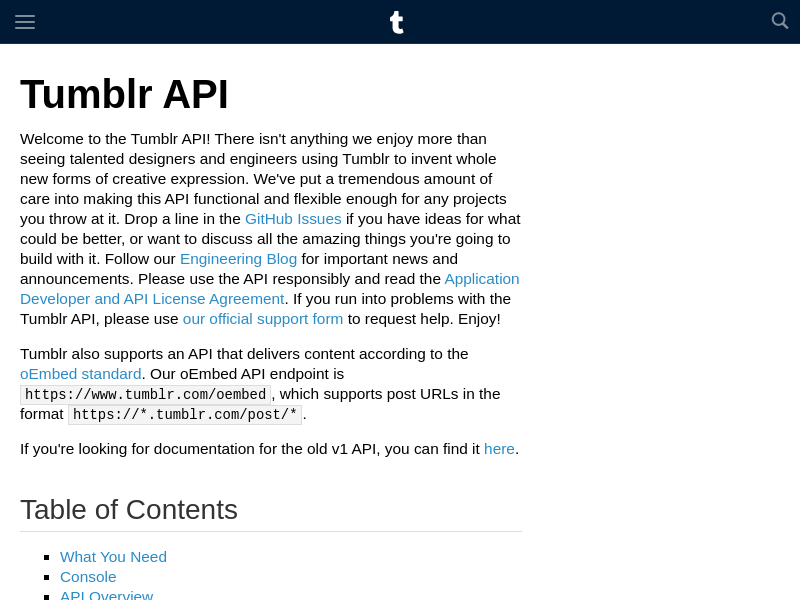 Screenshot of Tumblr API website