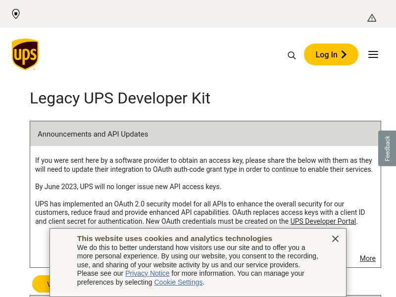 Screenshot of UPS Developer Kit website