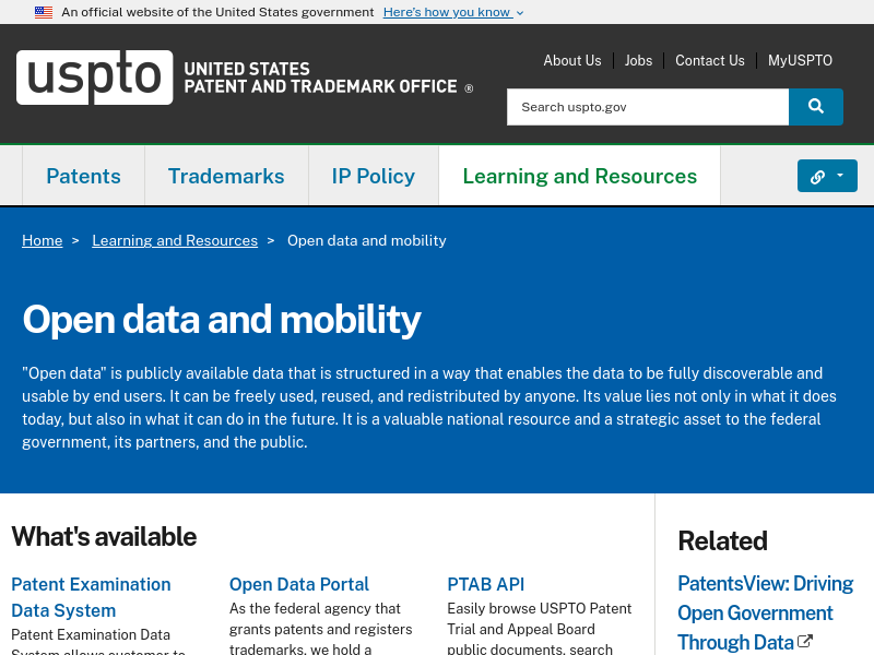 Screenshot of USPTO Open Data and Mobility API website