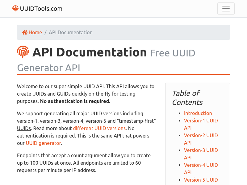Screenshot of UUIDTools API website
