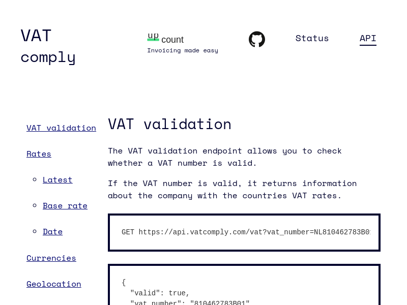 Screenshot of VATComply API website