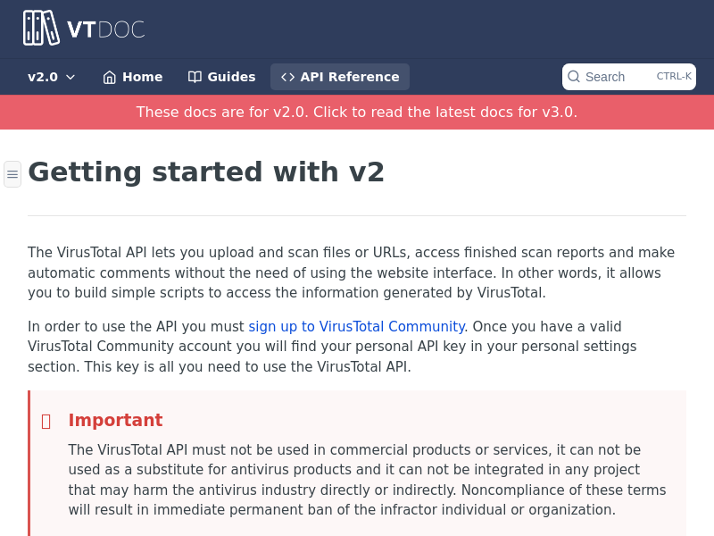 Screenshot of VirusTotal Public API website