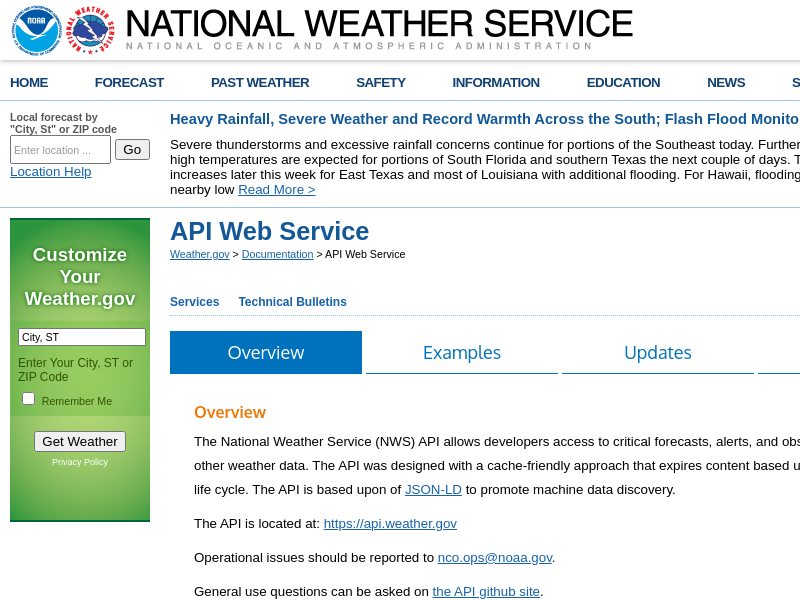 Screenshot of Weather.gov API website