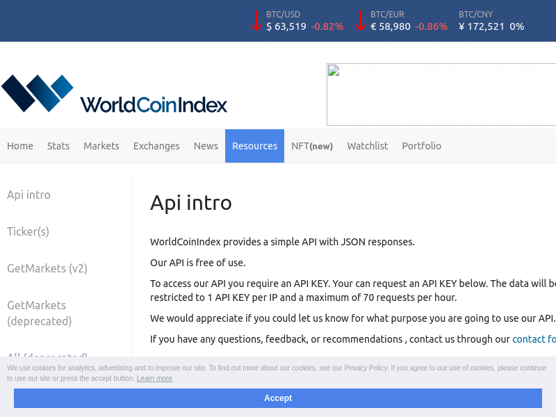 Screenshot of Worldcoinindex API Service website