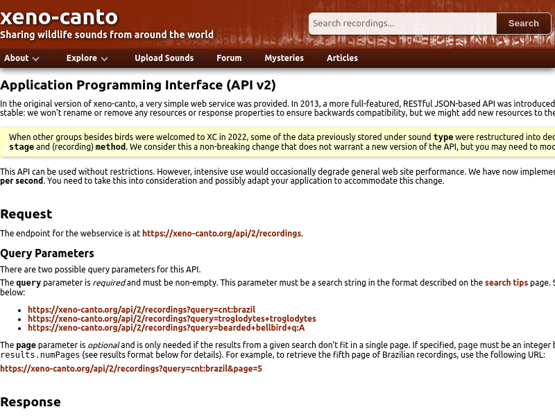 Screenshot of Xeno-Canto website