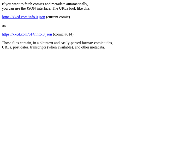 Screenshot of xkcd JSON API website