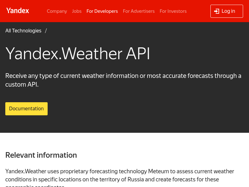Screenshot of Yandex Weather API website