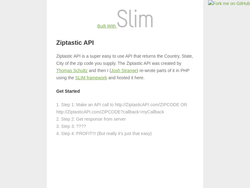 Screenshot of Ziptastic API website
