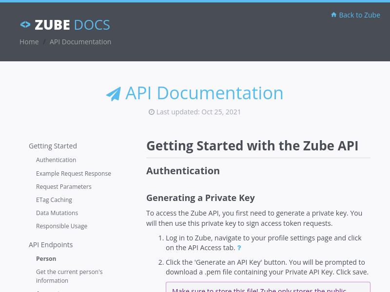 Screenshot of Zube API website